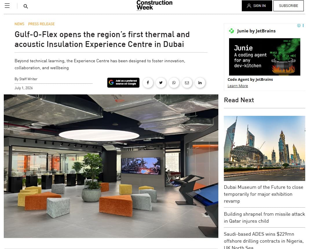 Gulf-O-Flex® Opens the Region's First Thermal & Acoustic Insulation Experience Centre in Dubai
